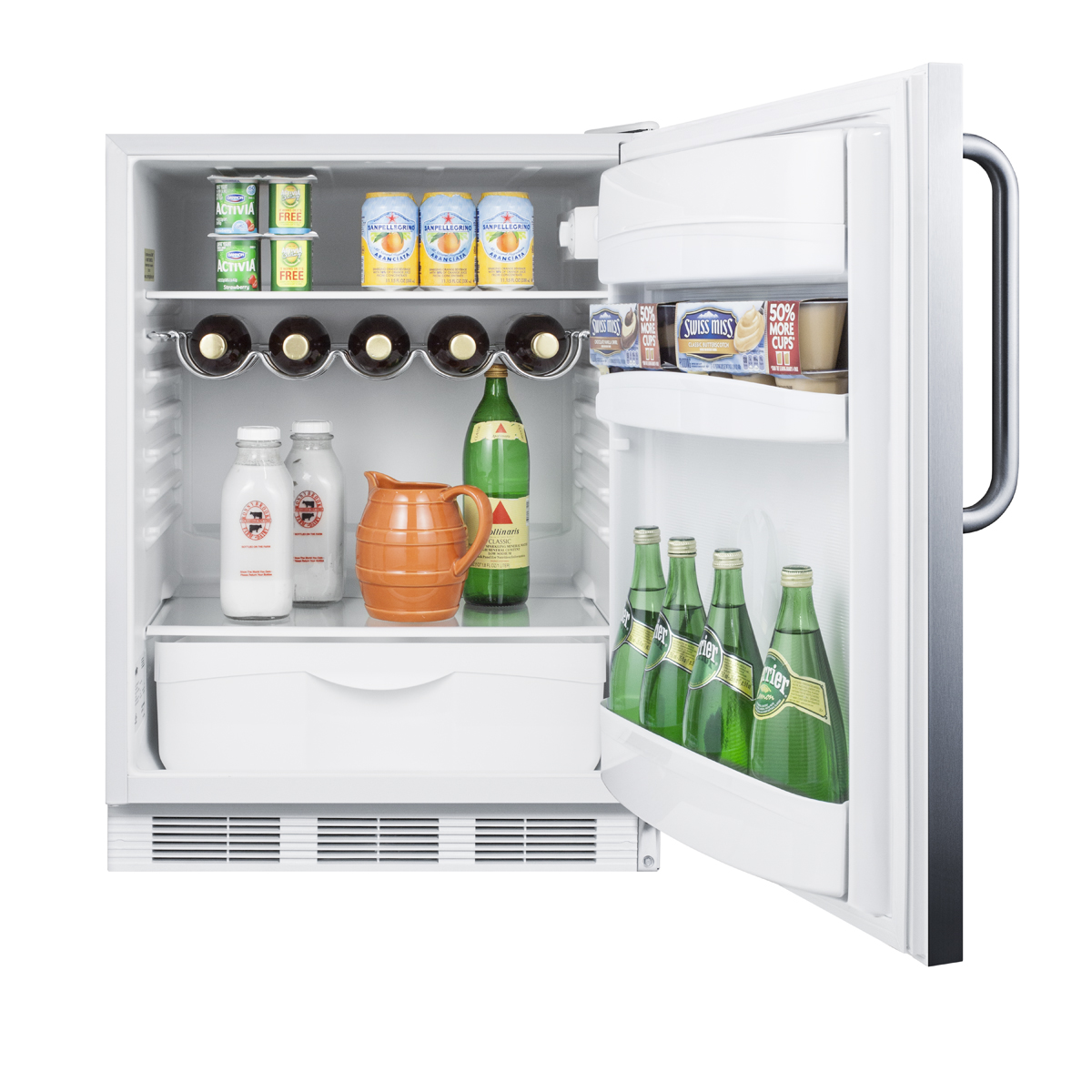 ADA compliant built-in undercounter all-refrigerator for residential use, auto defrost with stainless steel wrapped door, towel bar handle, and white cabinet